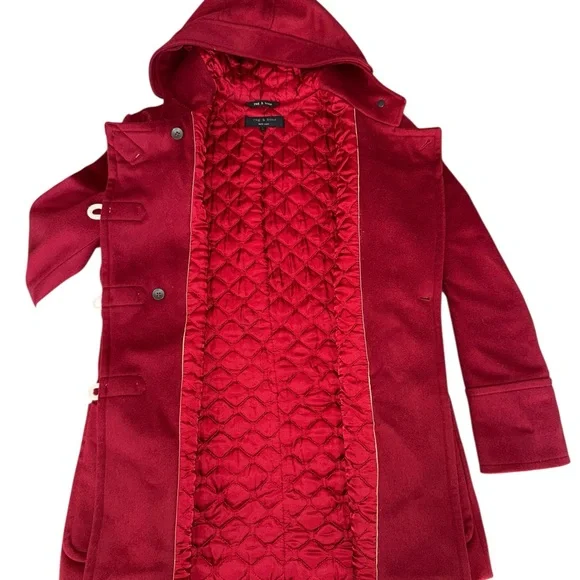 Rag & Bone 100% Wool Made in USA Quilted Lined Red Duffle Coat Women’s Large - Picture 4 of 7